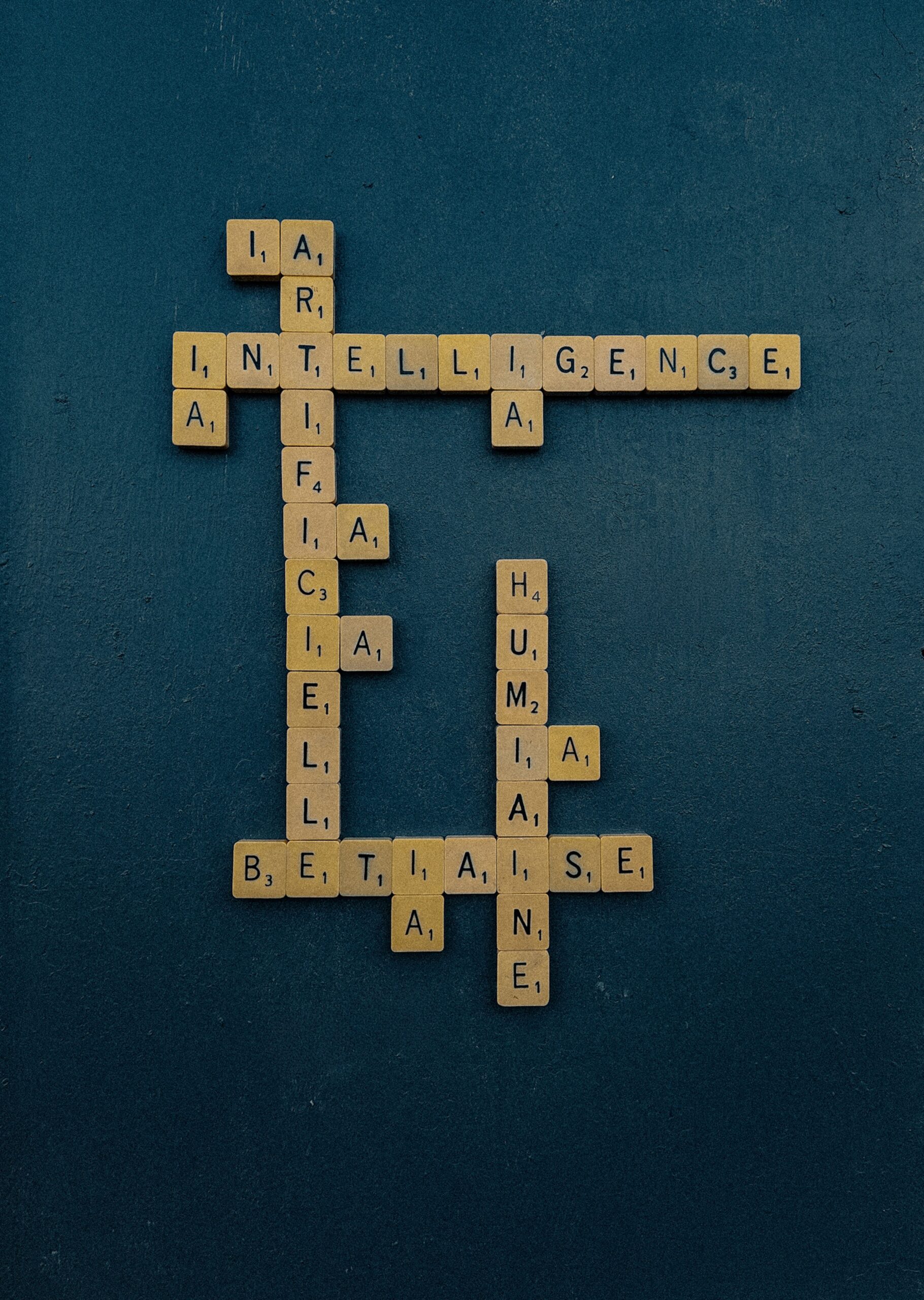 Scrabble tiles form words about AI ethics on a flat lay. Ideal for technology and education themes.