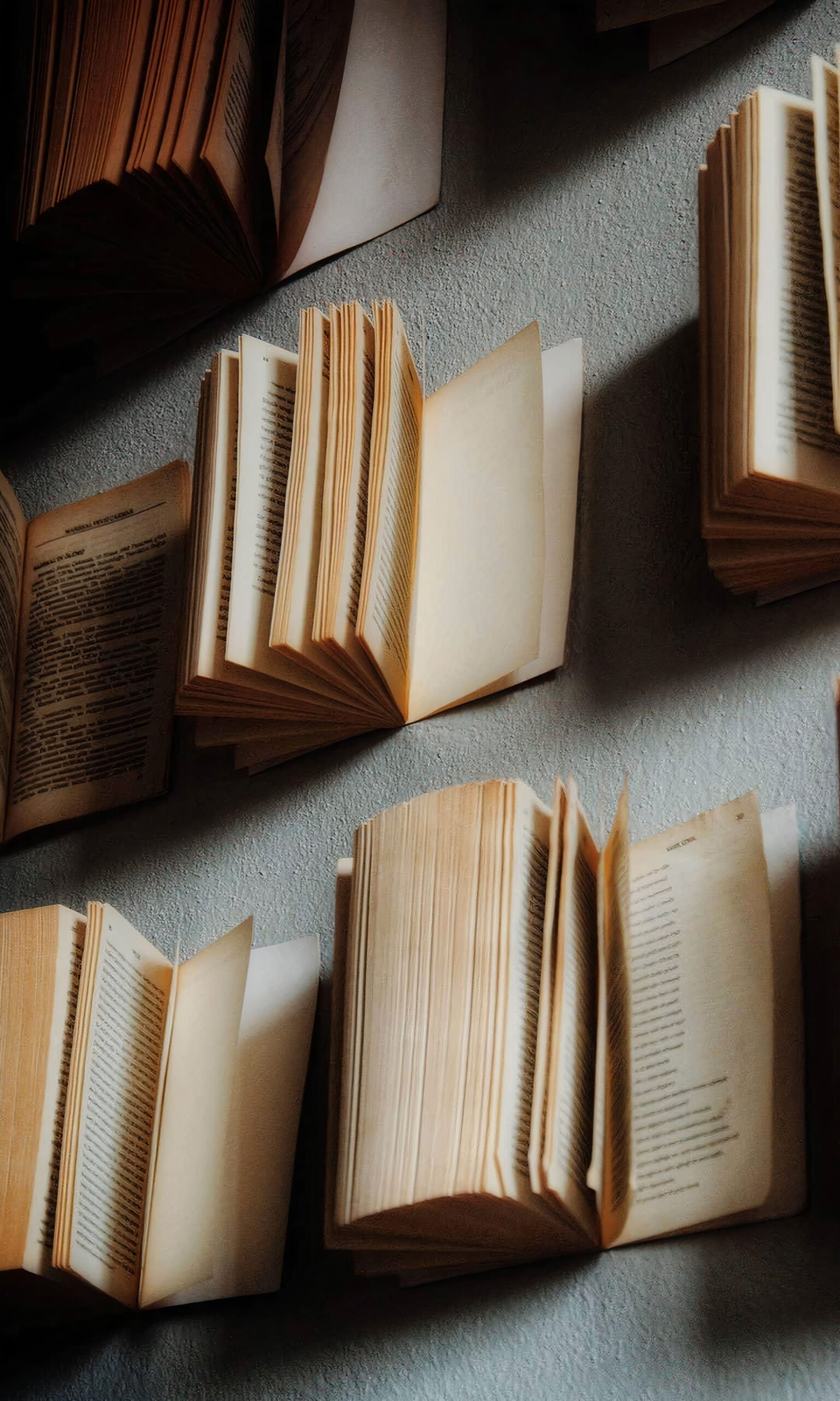 Array of open vintage books displayed on a vertical surface, creating artistic literary decor.