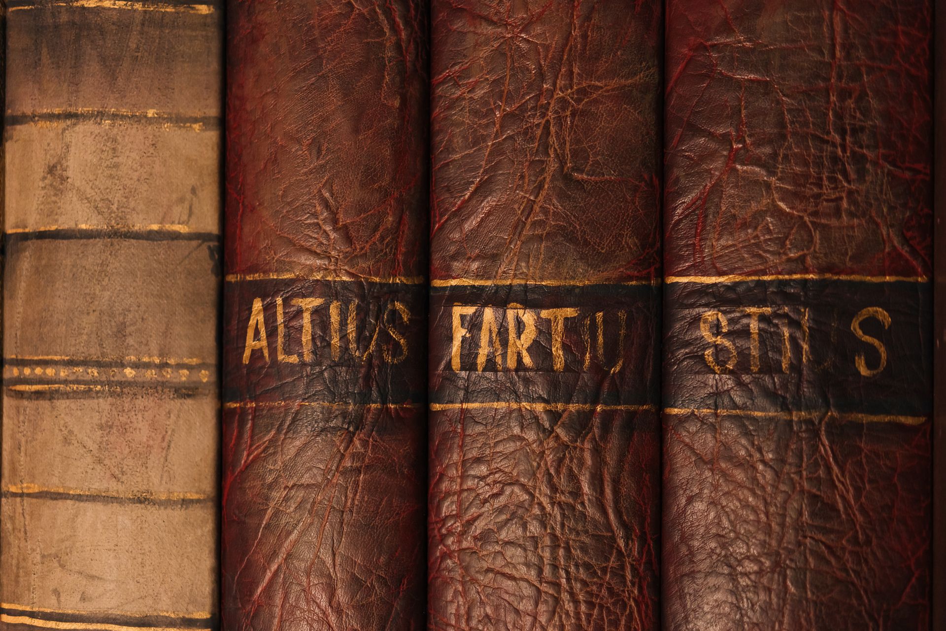 Detailed close-up of antique leather book bindings with ornate texture and golden text.